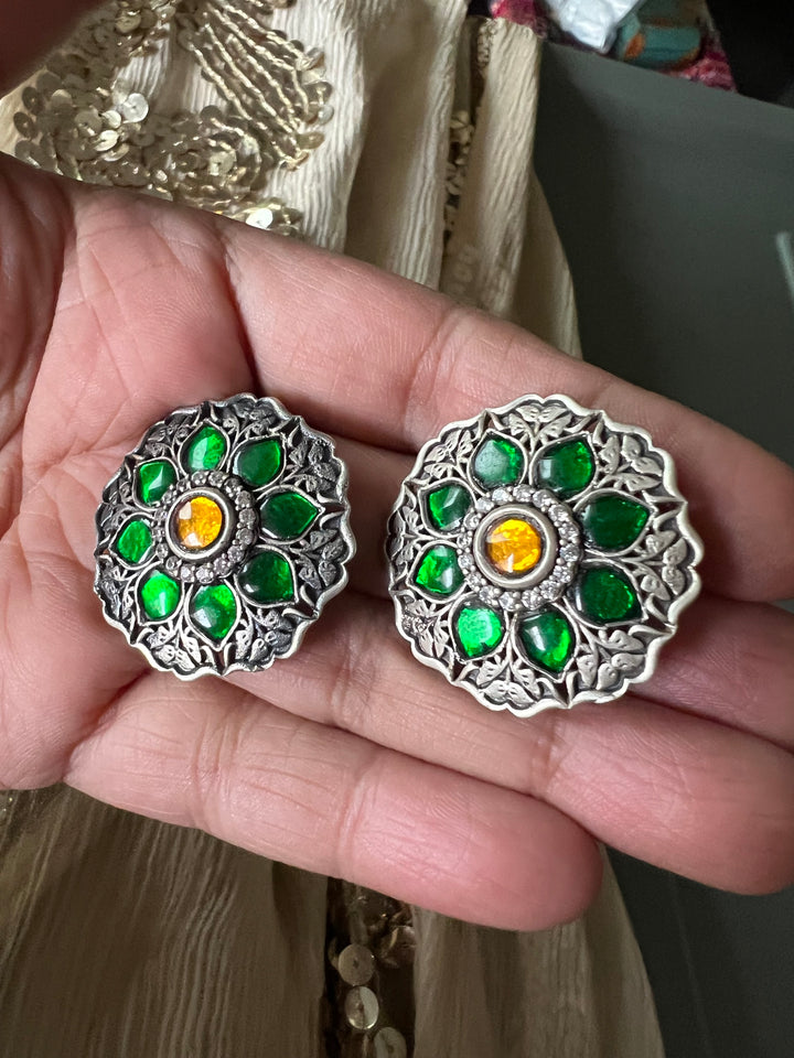 925 Silver Kundan Earrings with Green and Yellow Combination