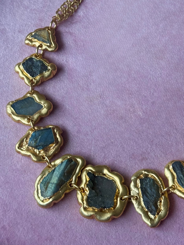 Handmade Raw Labradorite Gold Embedded Necklace | Adjustable Lobster Claw Brass Statement Jewelry