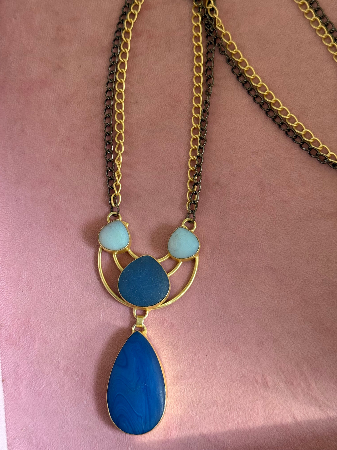 Handmade Long Lapis Lazuli Raw Stone Necklace | Dual Tone Gold Polish Brass Statement Jewelry