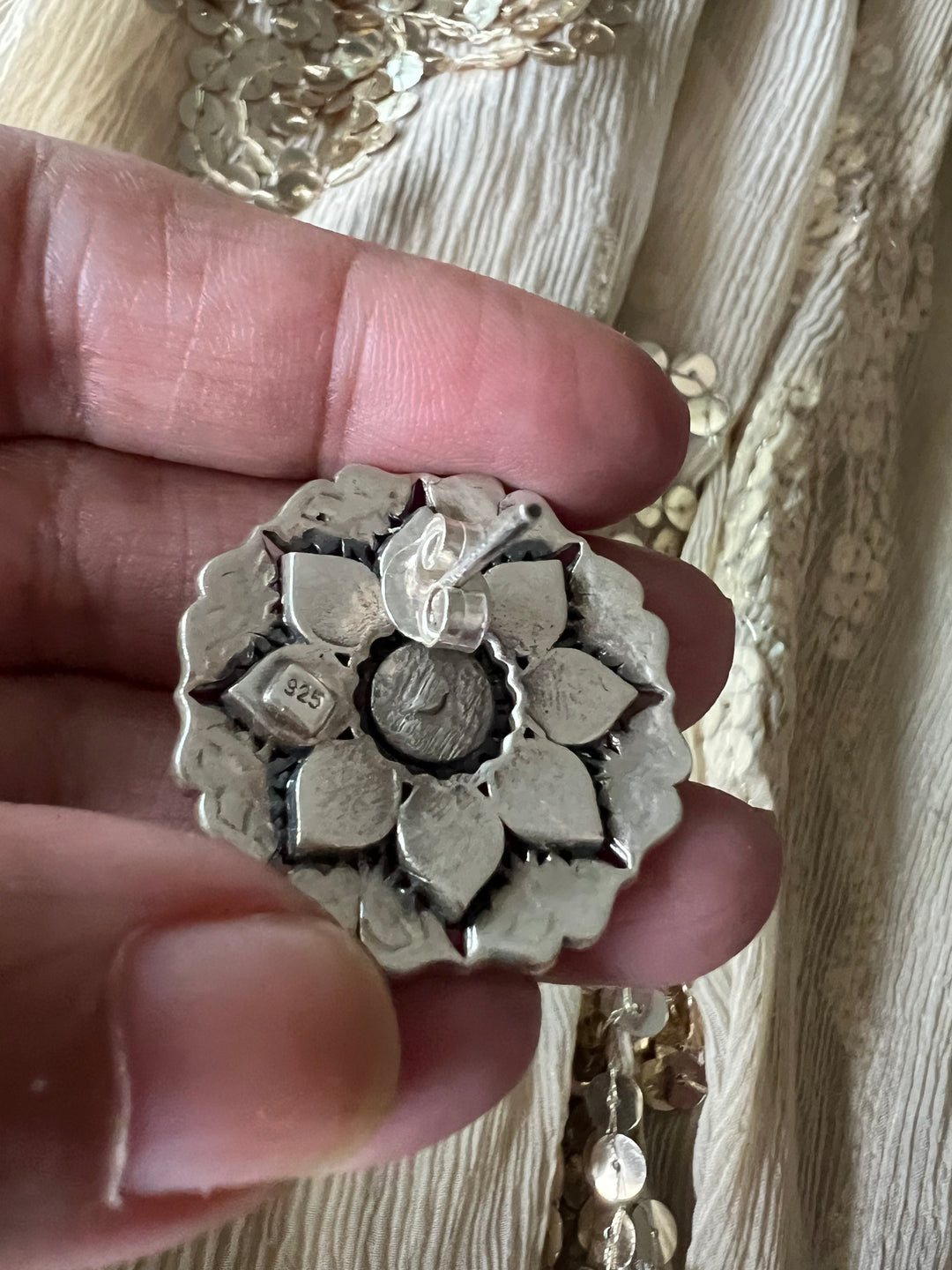 925 Silver Kundan Earrings with Green and Yellow Combination