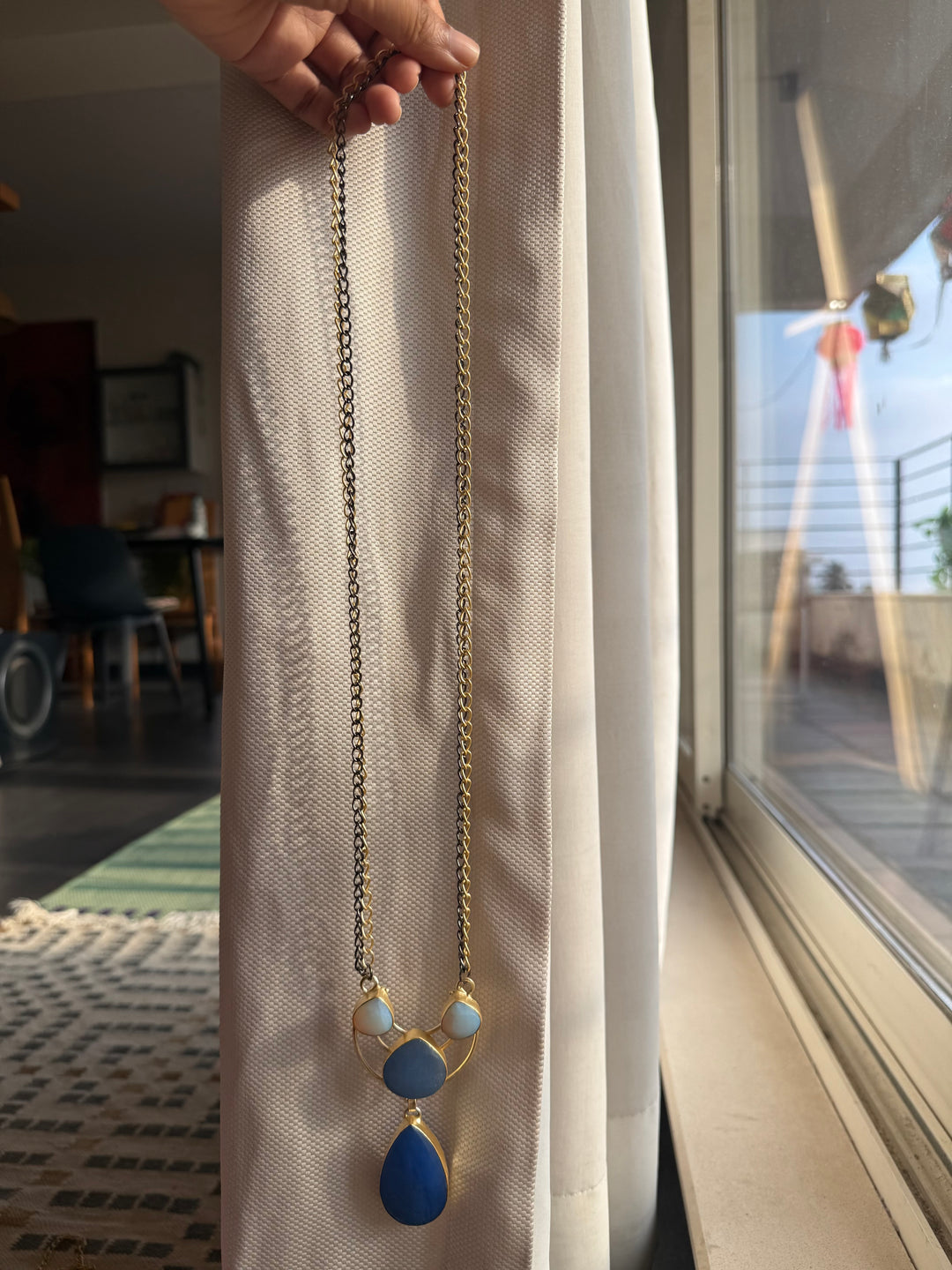 Handmade Long Lapis Lazuli Raw Stone Necklace | Dual Tone Gold Polish Brass Statement Jewelry