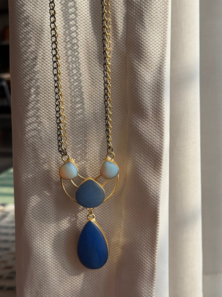 Handmade Long Lapis Lazuli Raw Stone Necklace | Dual Tone Gold Polish Brass Statement Jewelry