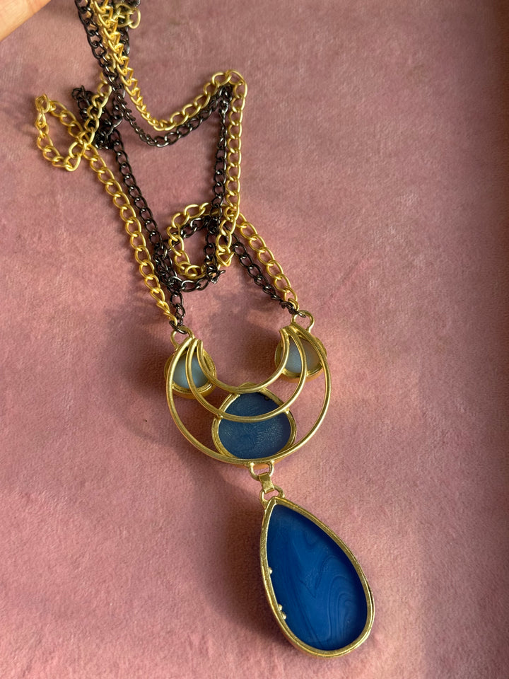 Handmade Long Lapis Lazuli Raw Stone Necklace | Dual Tone Gold Polish Brass Statement Jewelry