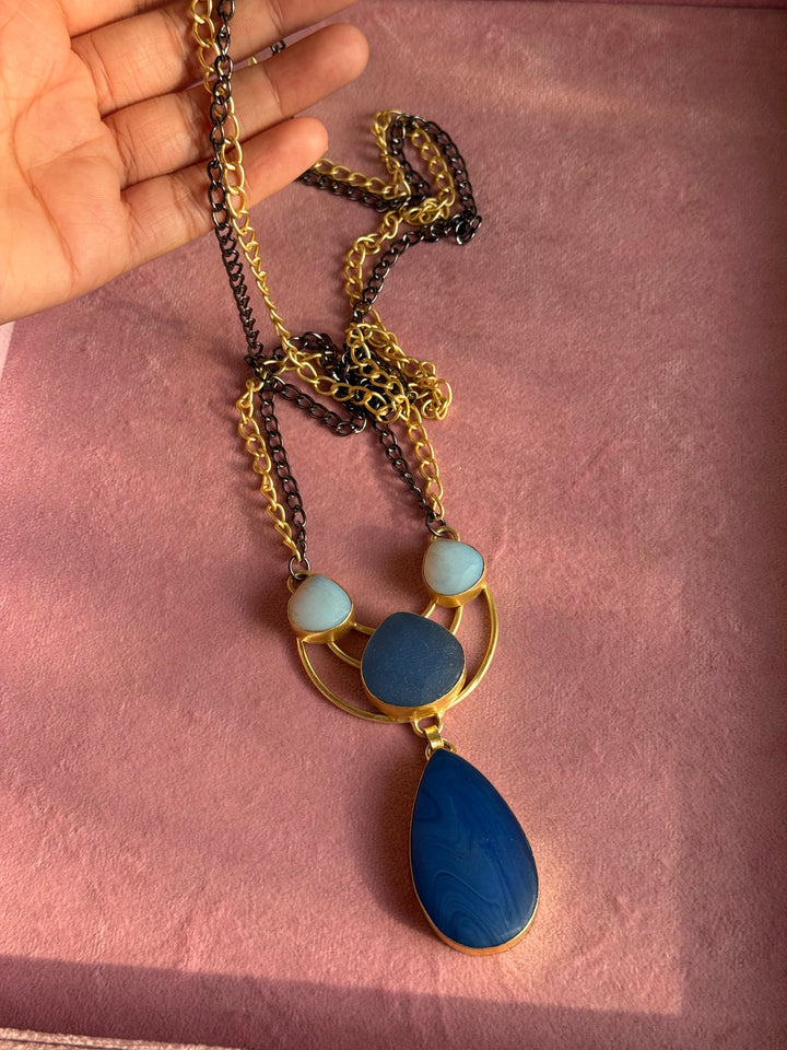 Handmade Long Lapis Lazuli Raw Stone Necklace | Dual Tone Gold Polish Brass Statement Jewelry