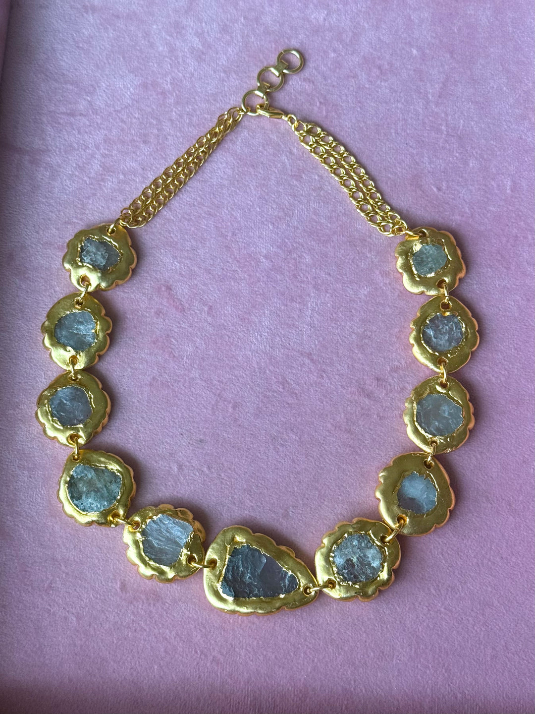 Handmade Raw Quartz Gold Embedded Necklace | Adjustable Lobster Claw Brass Statement Jewelry