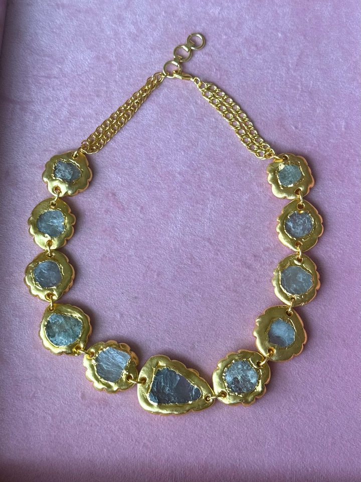 Handmade Raw Quartz Gold Embedded Necklace | Adjustable Lobster Claw Brass Statement Jewelry