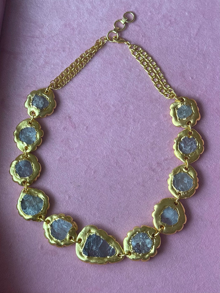 Handmade Raw Quartz Gold Embedded Necklace | Adjustable Lobster Claw Brass Statement Jewelry