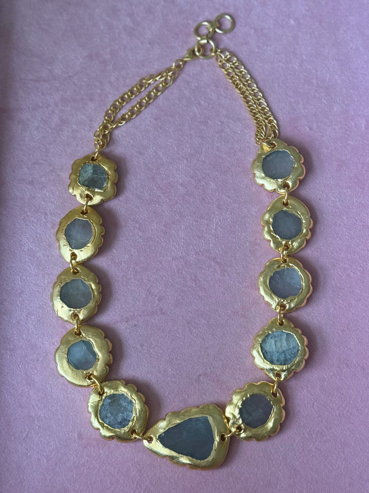 Handmade Raw Quartz Gold Embedded Necklace | Adjustable Lobster Claw Brass Statement Jewelry