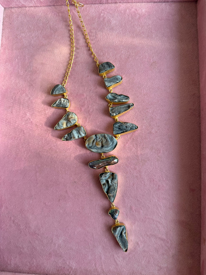 Handmade Raw Stone Necklace | Gold Polish Brass Adjustable Hook Closure Statement Jewelry