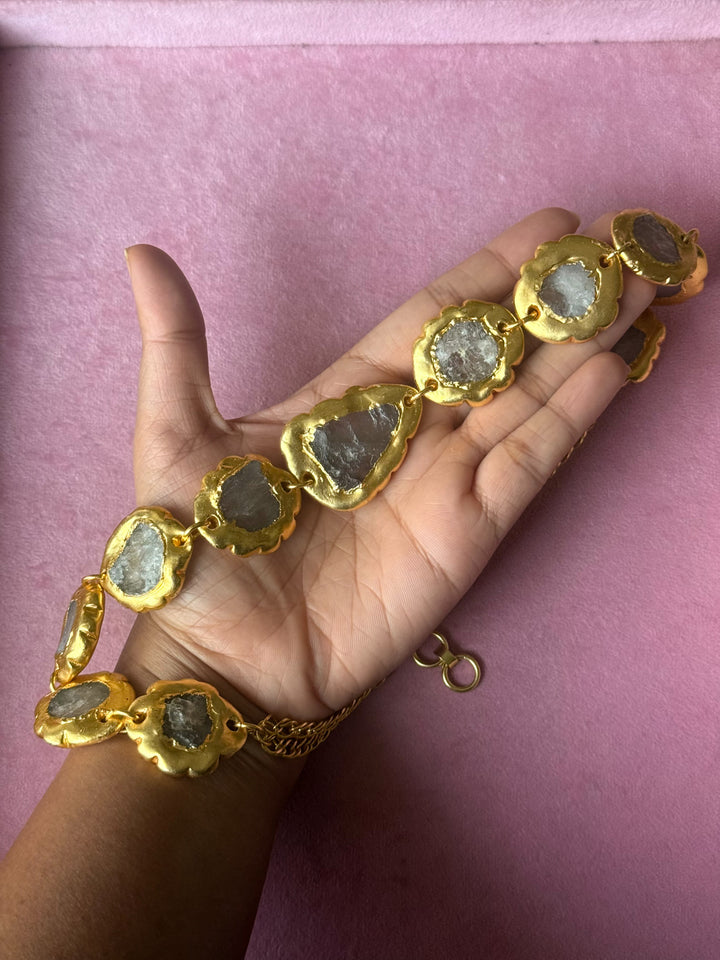 Handmade Raw Quartz Gold Embedded Necklace | Adjustable Lobster Claw Brass Statement Jewelry