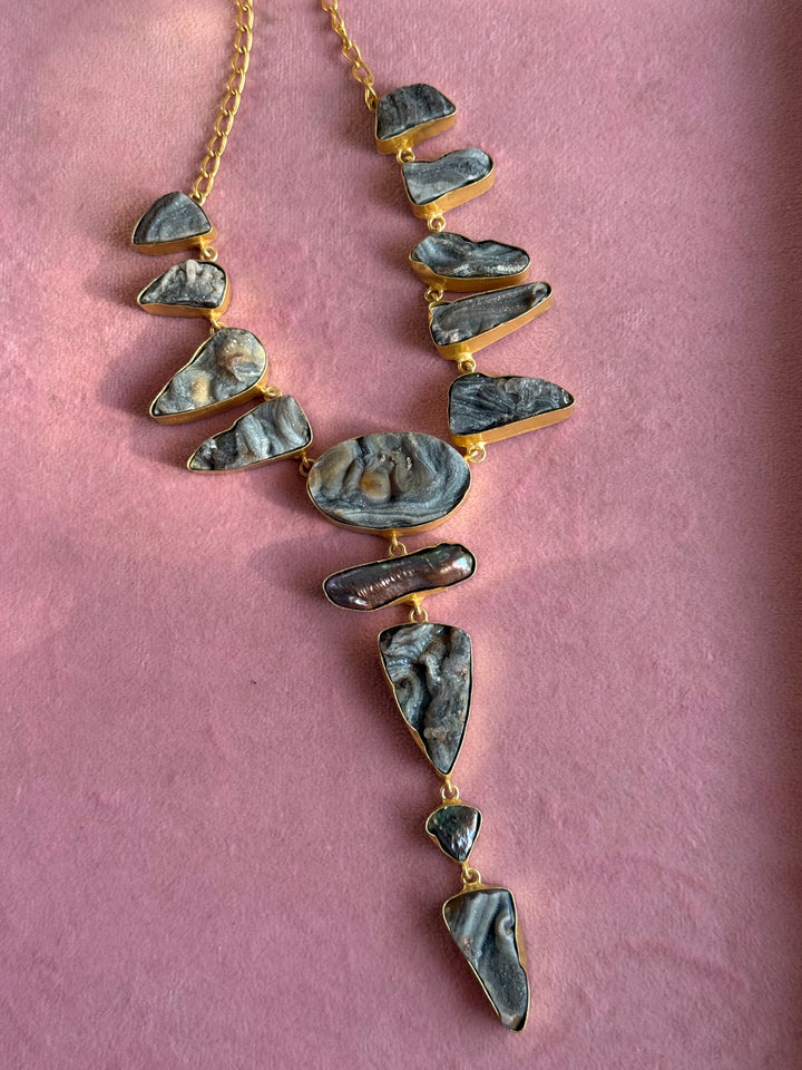 Handmade Raw Stone Necklace | Gold Polish Brass Adjustable Hook Closure Statement Jewelry