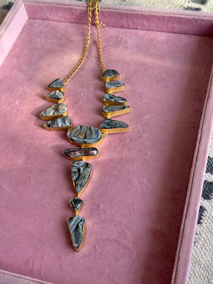 Handmade Raw Stone Necklace | Gold Polish Brass Adjustable Hook Closure Statement Jewelry
