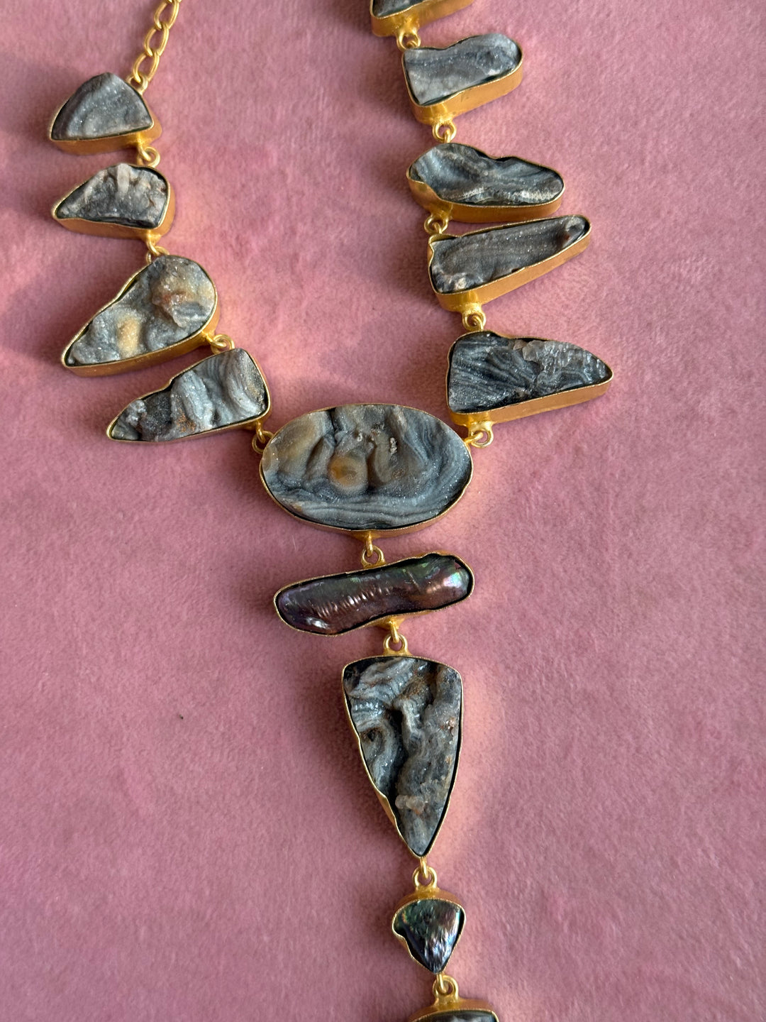 Handmade Raw Stone Necklace | Gold Polish Brass Adjustable Hook Closure Statement Jewelry