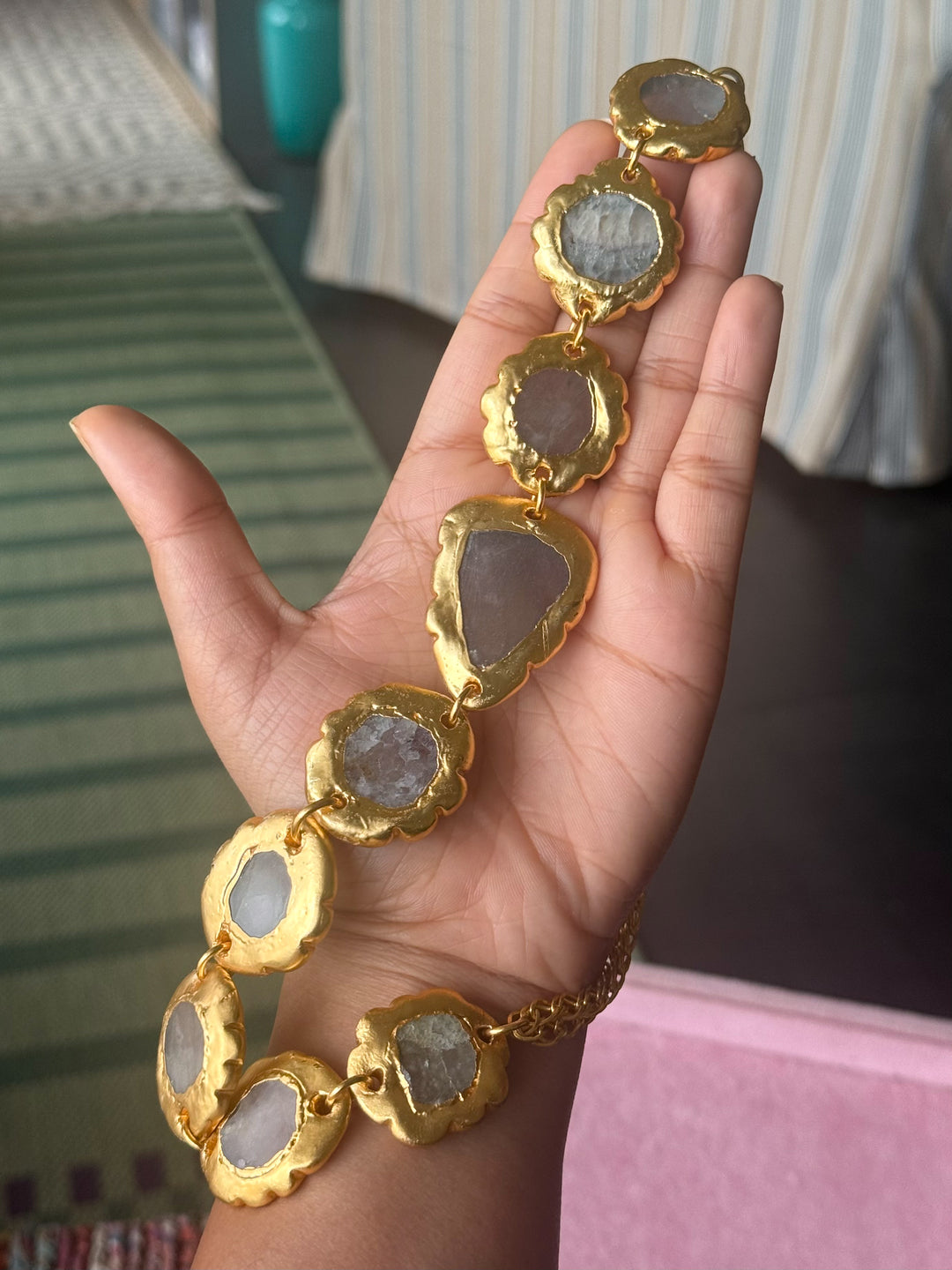 Handmade Raw Quartz Gold Embedded Necklace | Adjustable Lobster Claw Brass Statement Jewelry