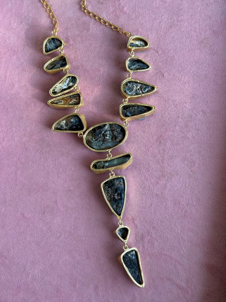 Handmade Raw Stone Necklace | Gold Polish Brass Adjustable Hook Closure Statement Jewelry
