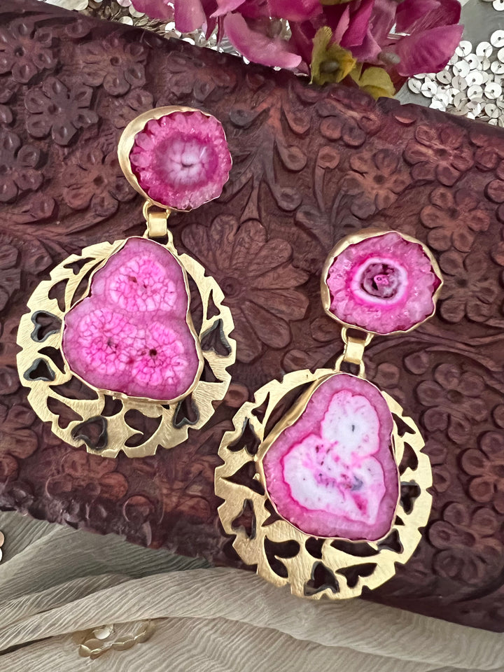 Pink Agate Gold Base Danglers