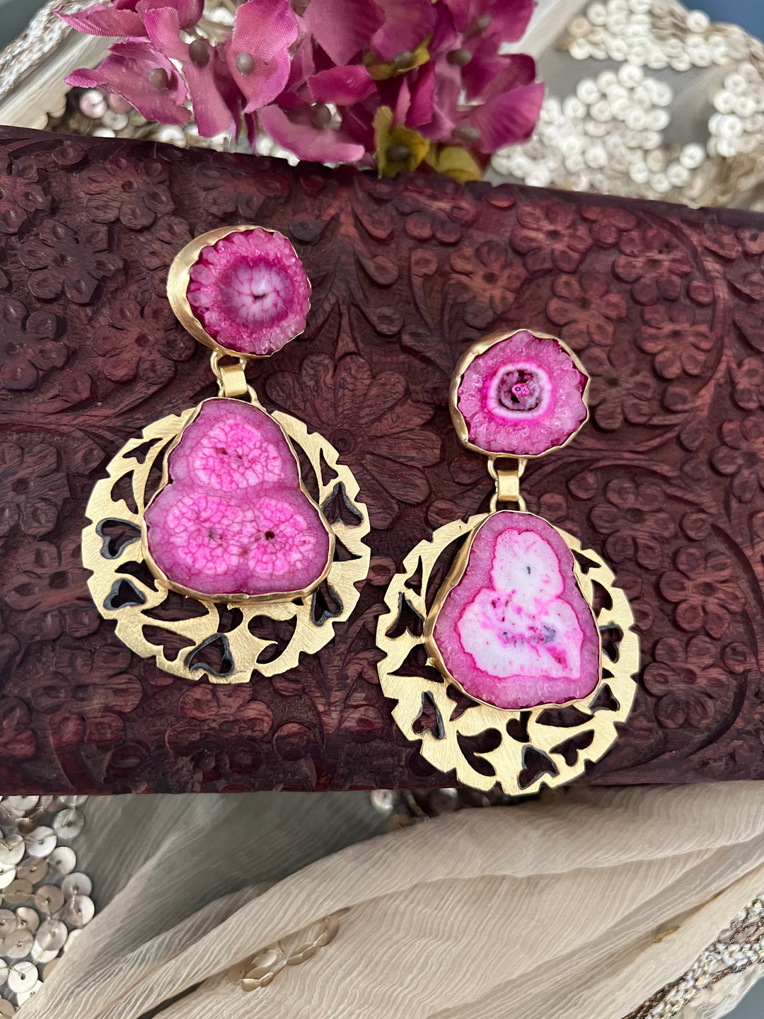 Pink Agate Gold Base Danglers