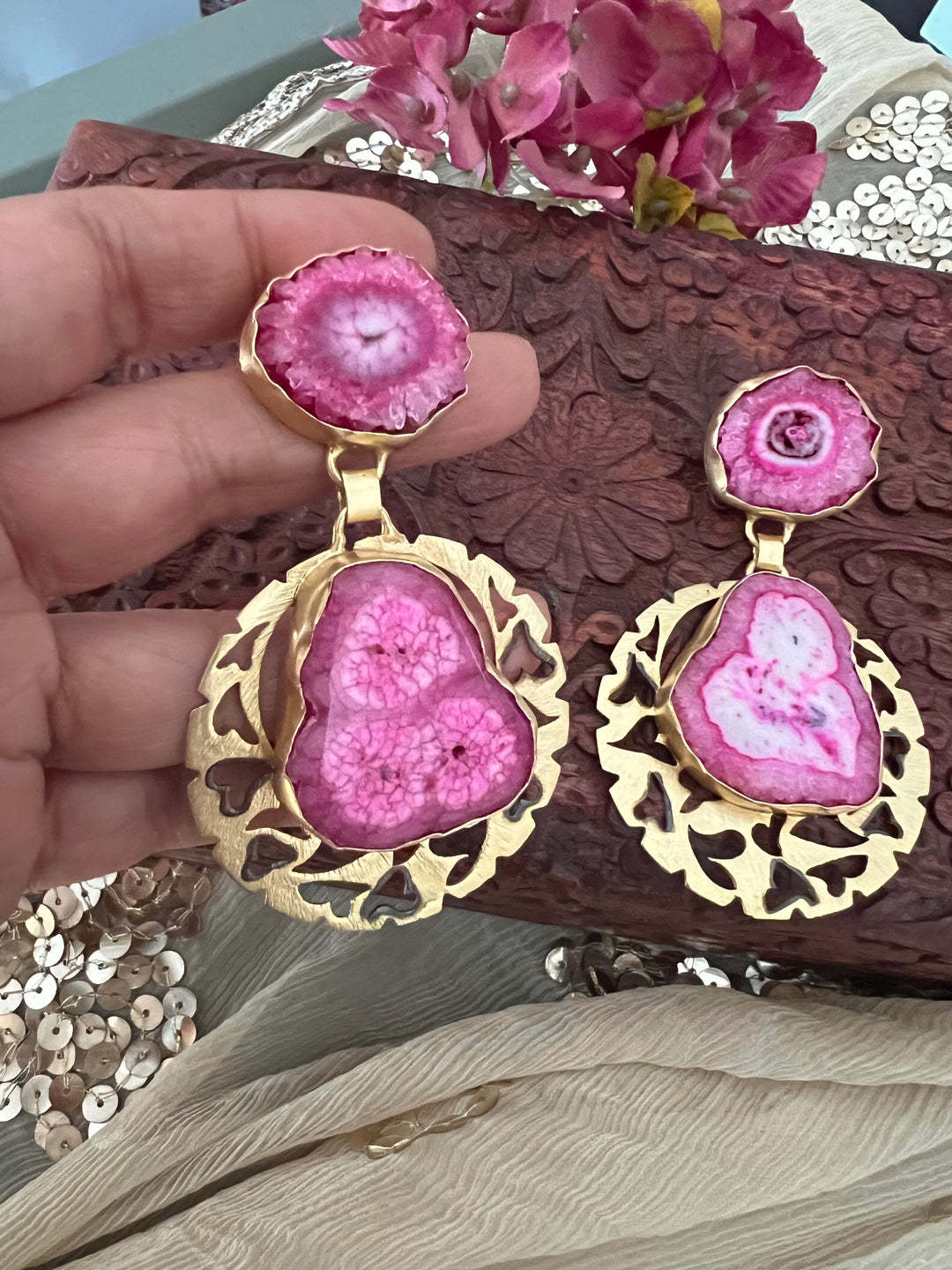 Pink Agate Gold Base Danglers