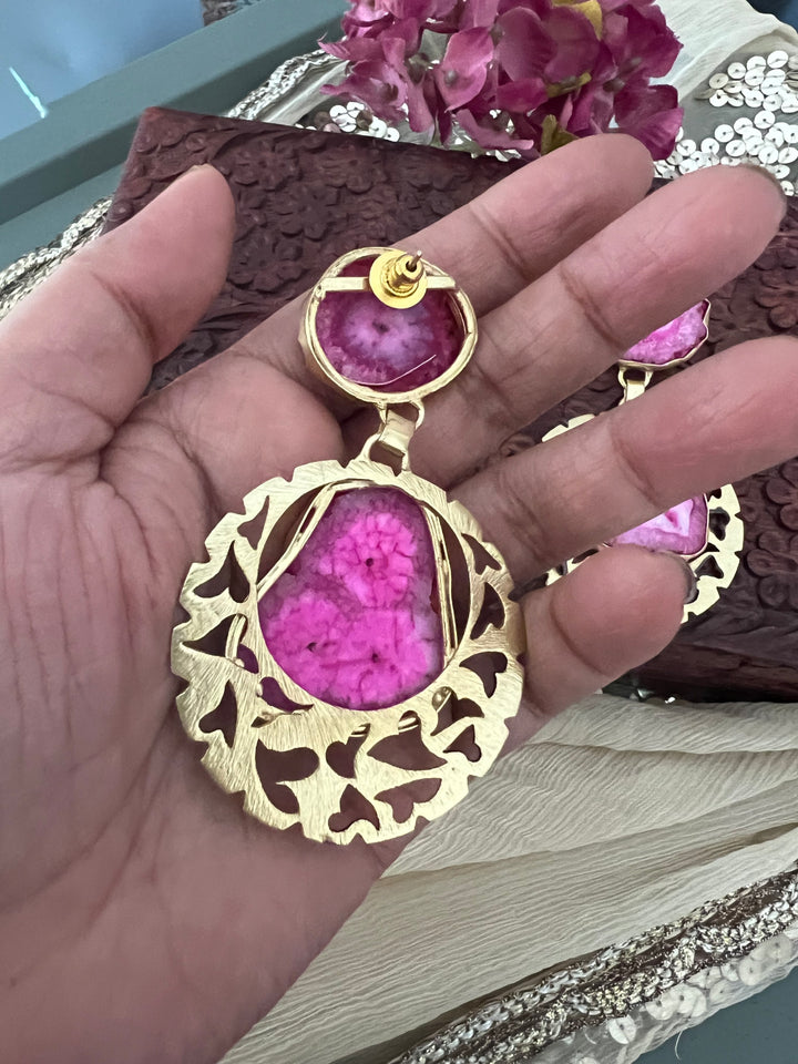 Pink Agate Gold Base Danglers