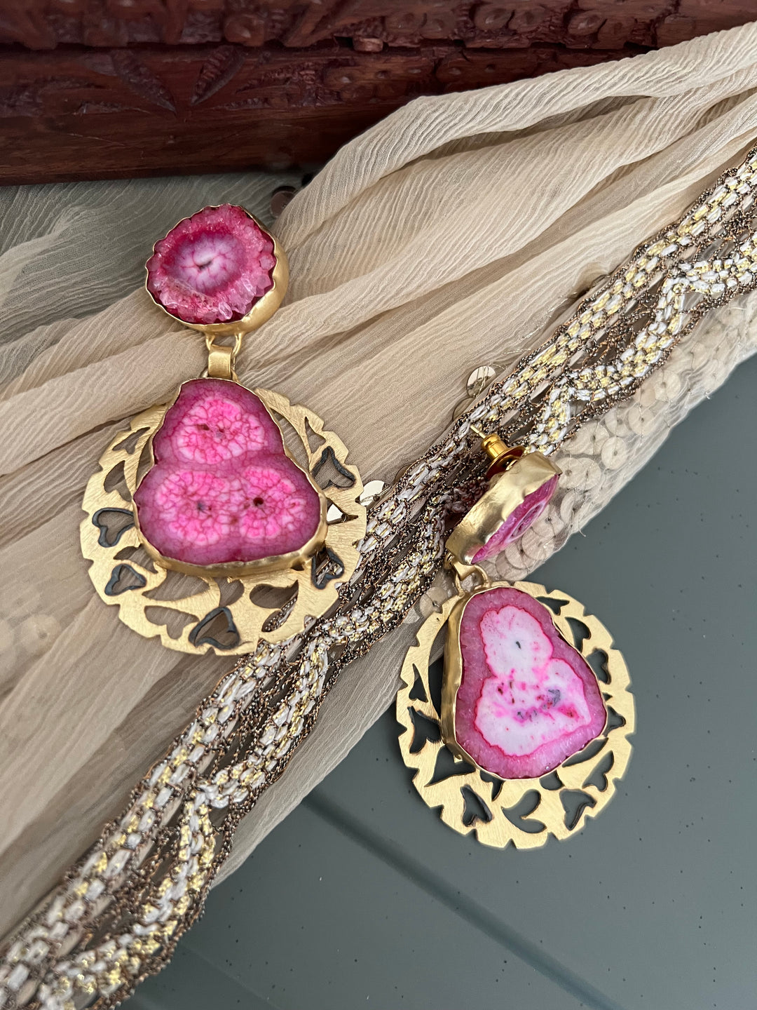 Pink Agate Gold Base Danglers