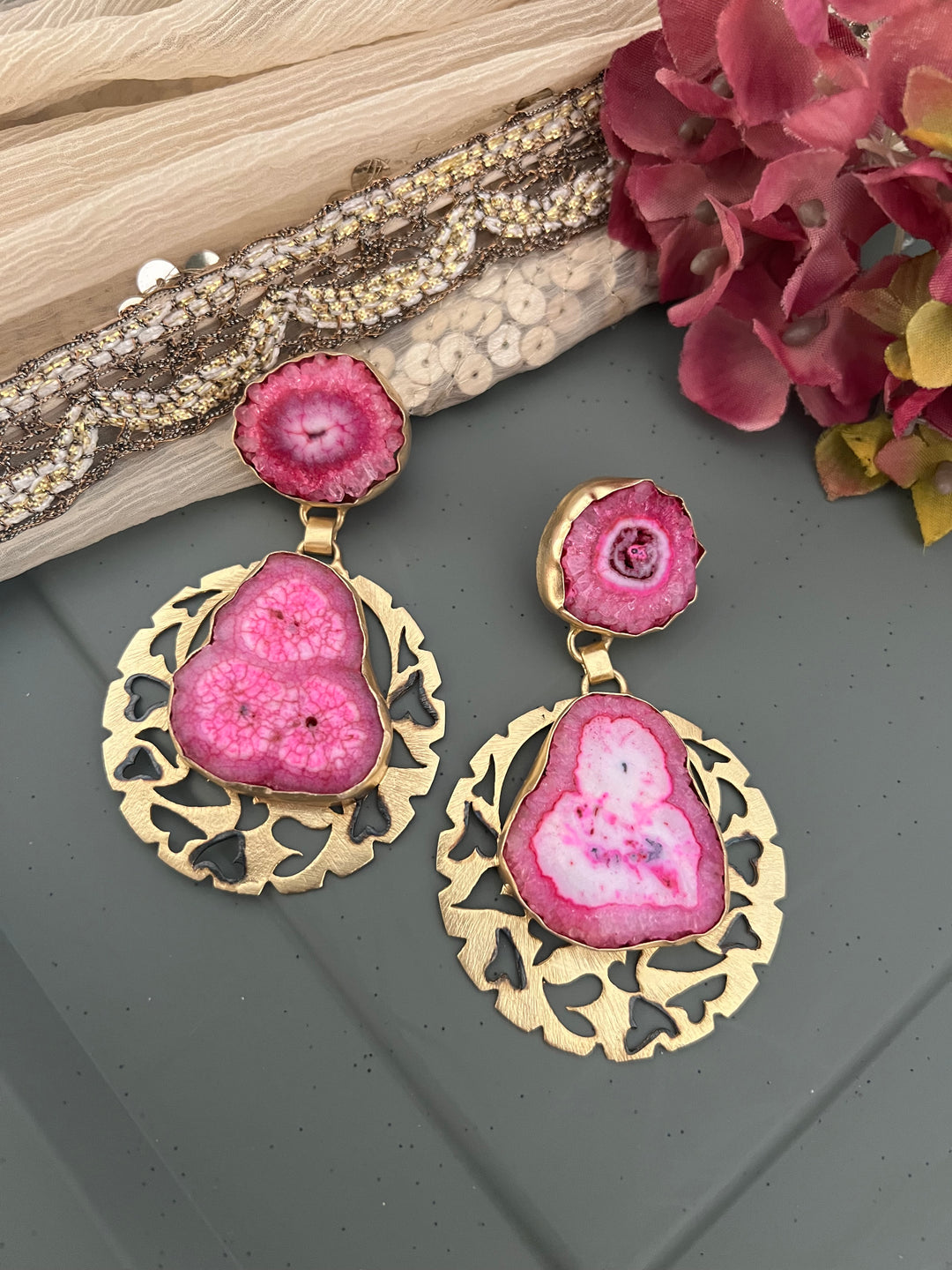 Pink Agate Gold Base Danglers