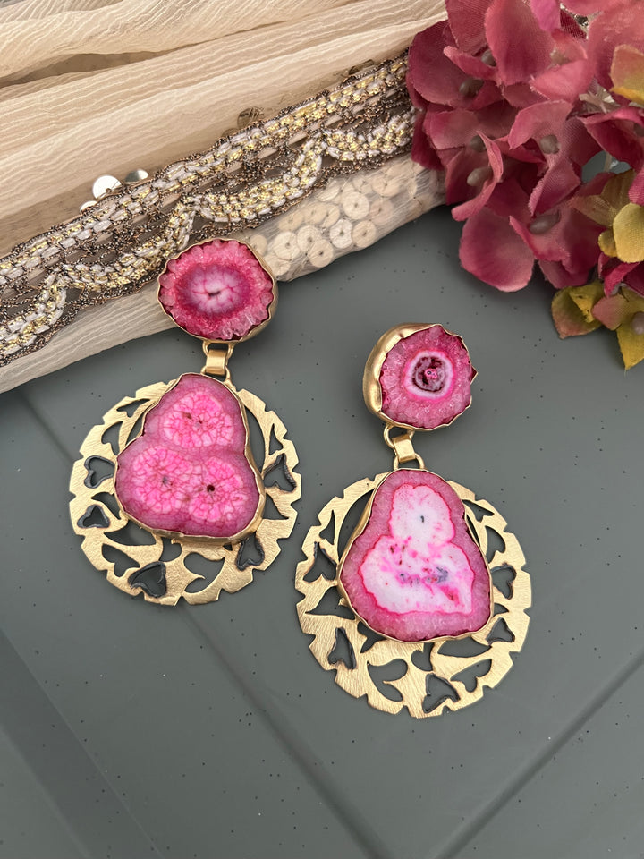 Pink Agate Gold Base Danglers