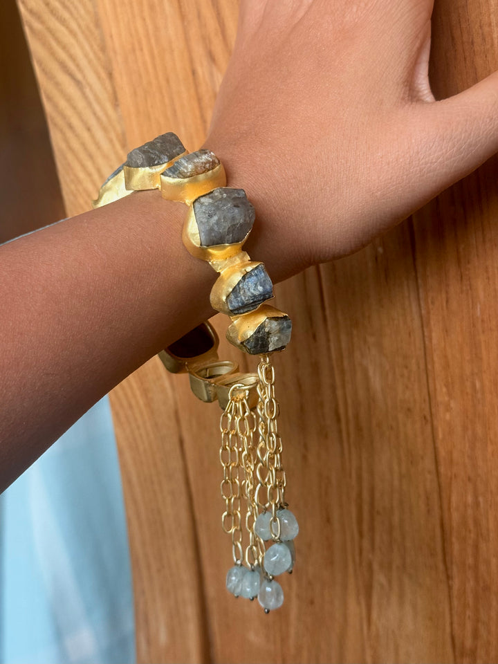 SHIVKA Designer Brass Tassel Cuff | Raw Druzy Chalcedony Stones | Gold Polish | 72g
