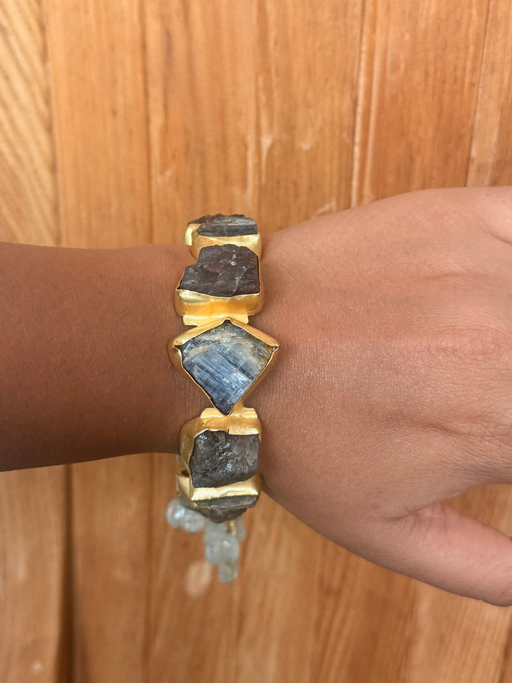 SHIVKA Designer Brass Tassel Cuff | Raw Druzy Chalcedony Stones | Gold Polish | 72g