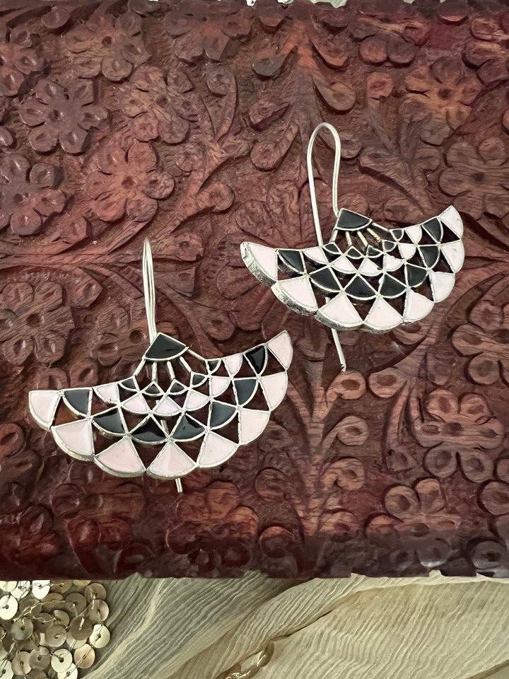 Baby Pink and Black Enamelled Brass Earrings