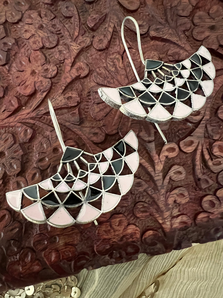 Baby Pink and Black Enamelled Brass Earrings