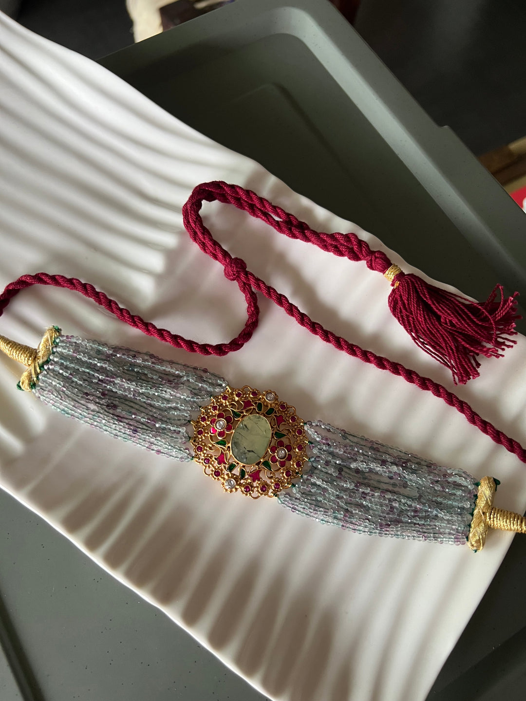 Semiprecious 925 Kundan Choker Necklace with Natural Fluorite and Prehnite