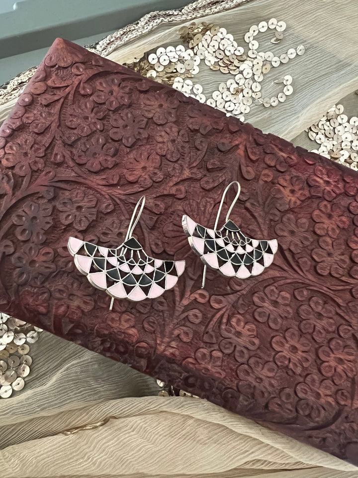 Baby Pink and Black Enamelled Brass Earrings