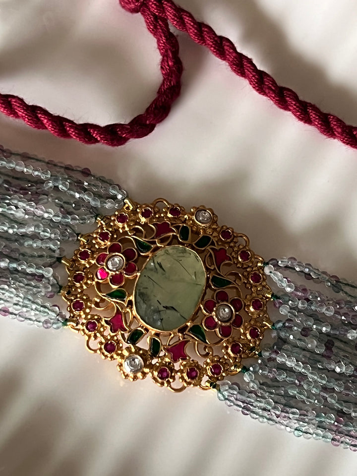 Semiprecious 925 Kundan Choker Necklace with Natural Fluorite and Prehnite