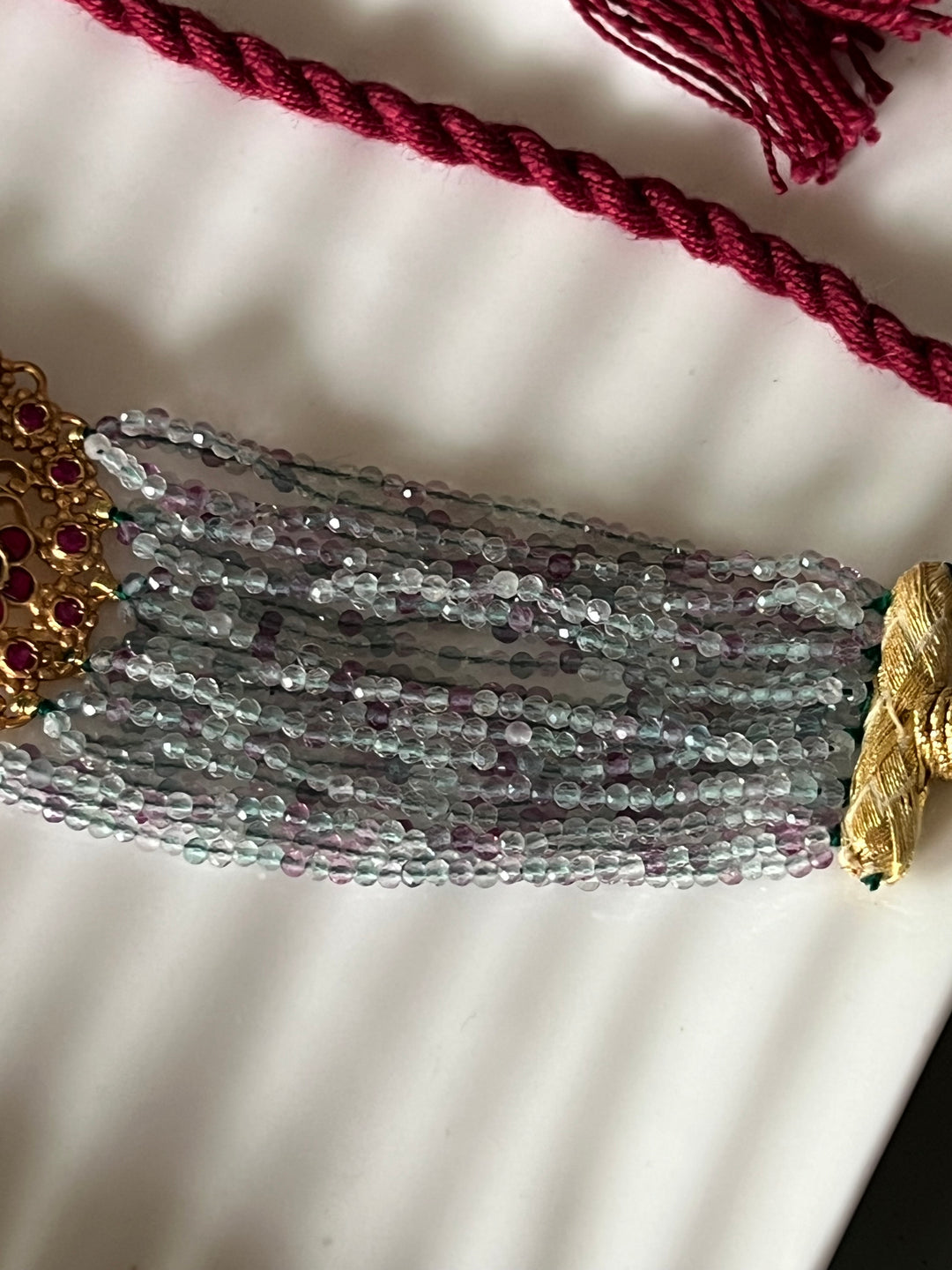 Semiprecious 925 Kundan Choker Necklace with Natural Fluorite and Prehnite