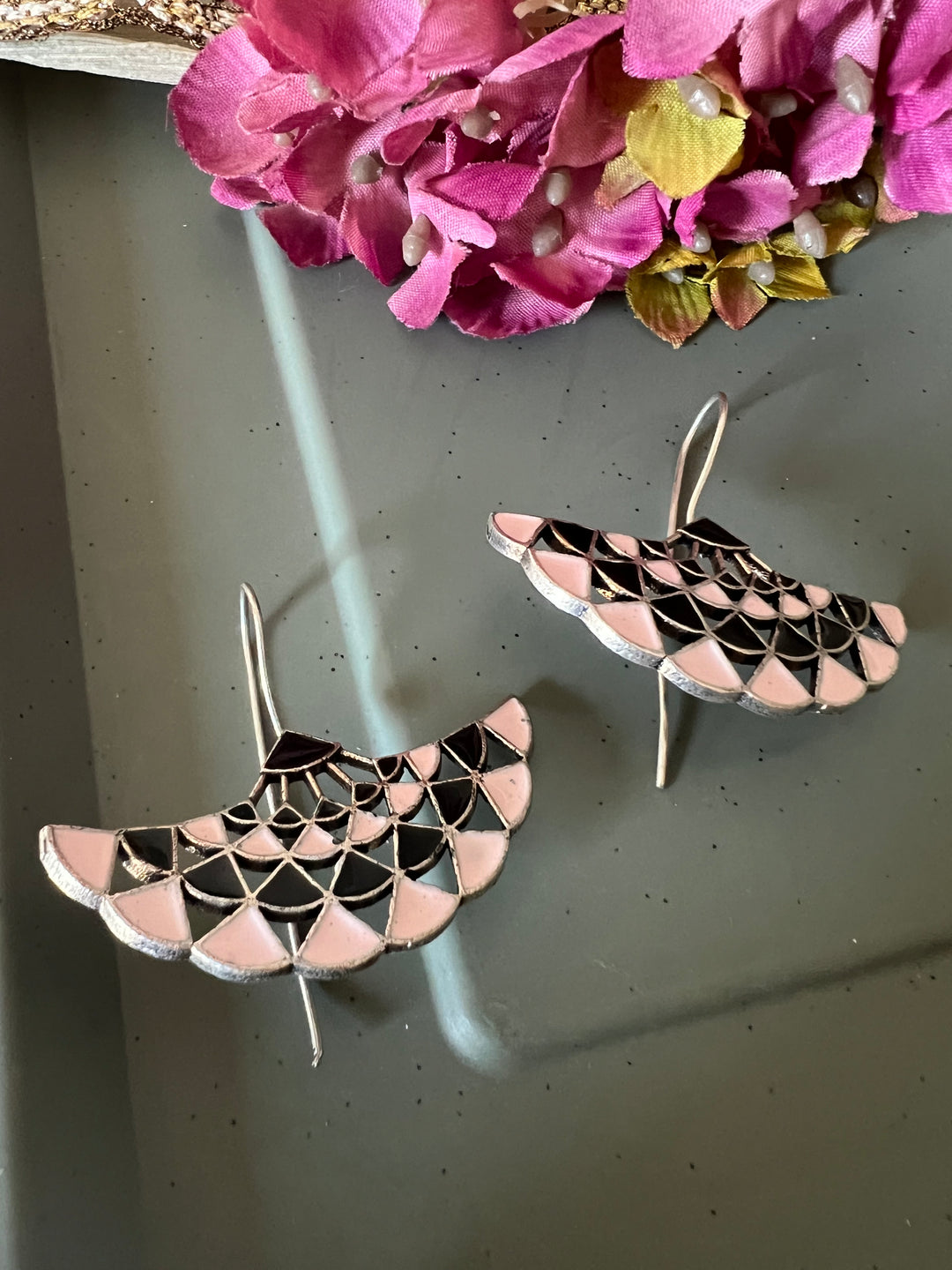 Baby Pink and Black Enamelled Brass Earrings