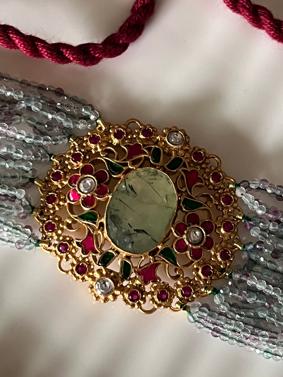 Semiprecious 925 Kundan Choker Necklace with Natural Fluorite and Prehnite