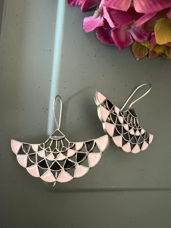 Baby Pink and Black Enamelled Brass Earrings