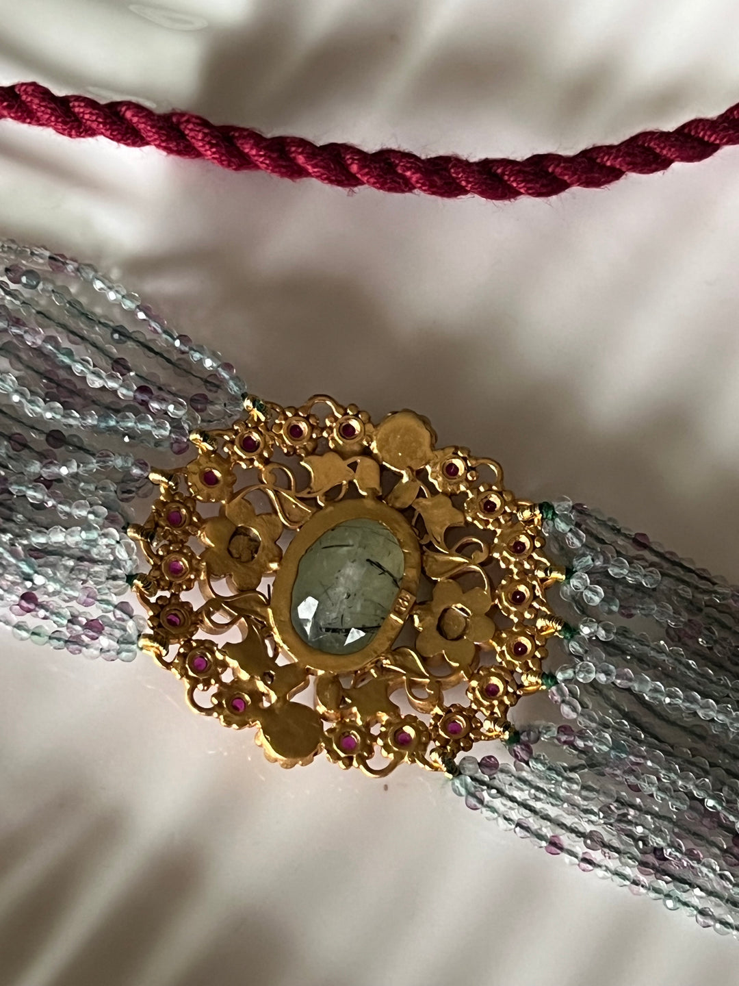 Semiprecious 925 Kundan Choker Necklace with Natural Fluorite and Prehnite