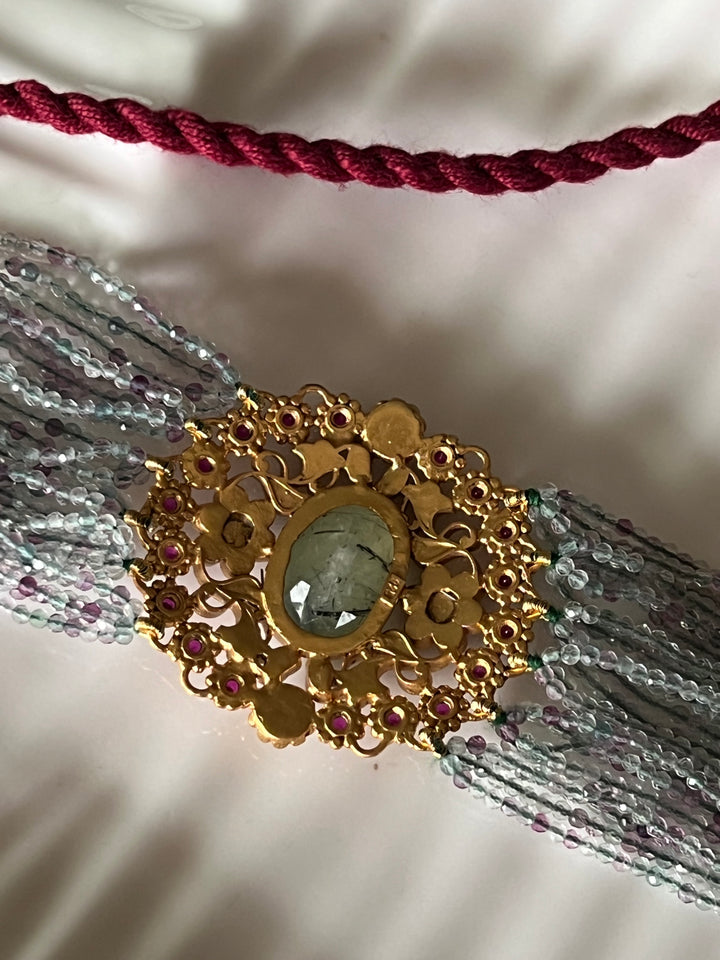 Semiprecious 925 Kundan Choker Necklace with Natural Fluorite and Prehnite