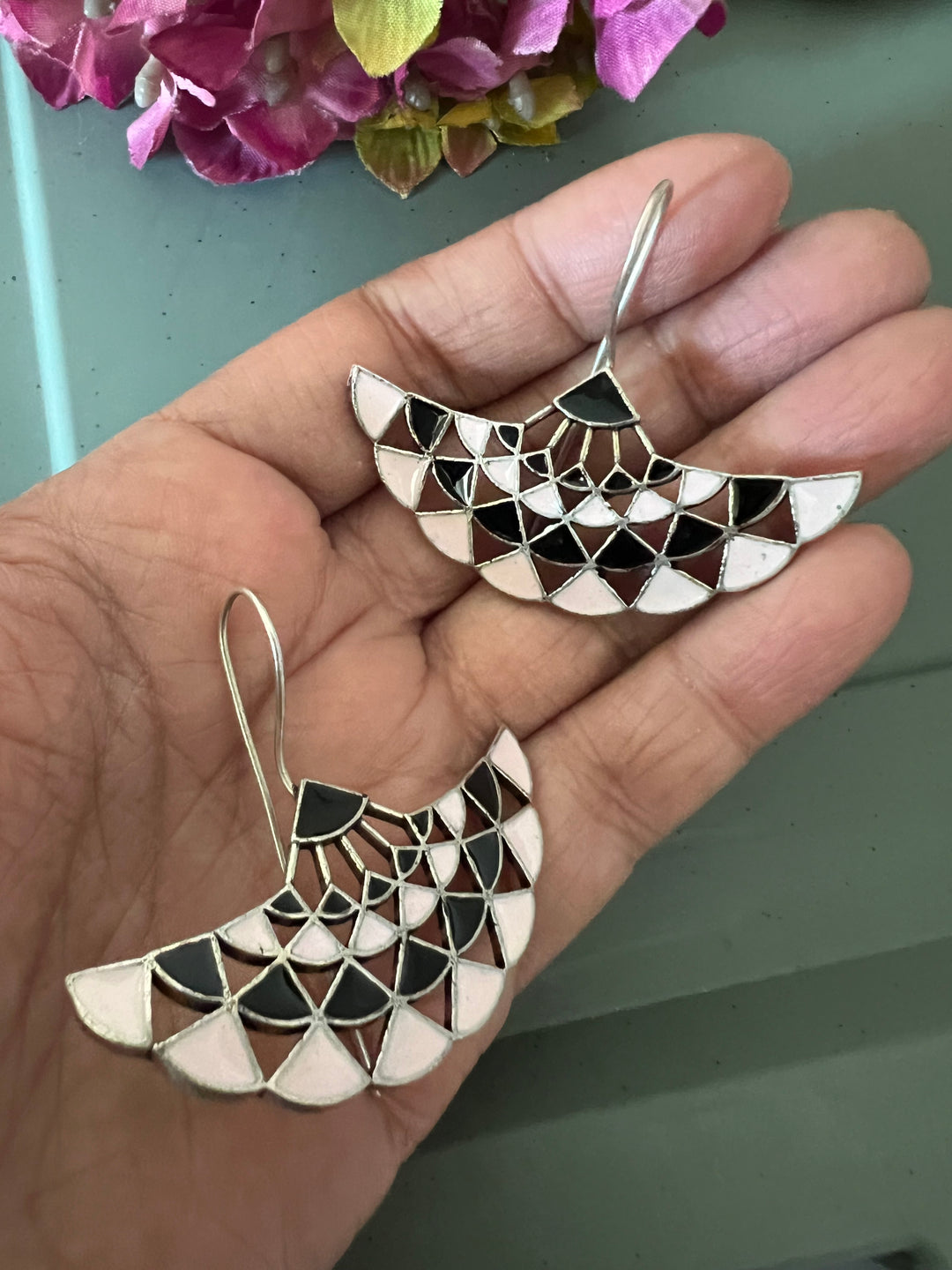 Baby Pink and Black Enamelled Brass Earrings