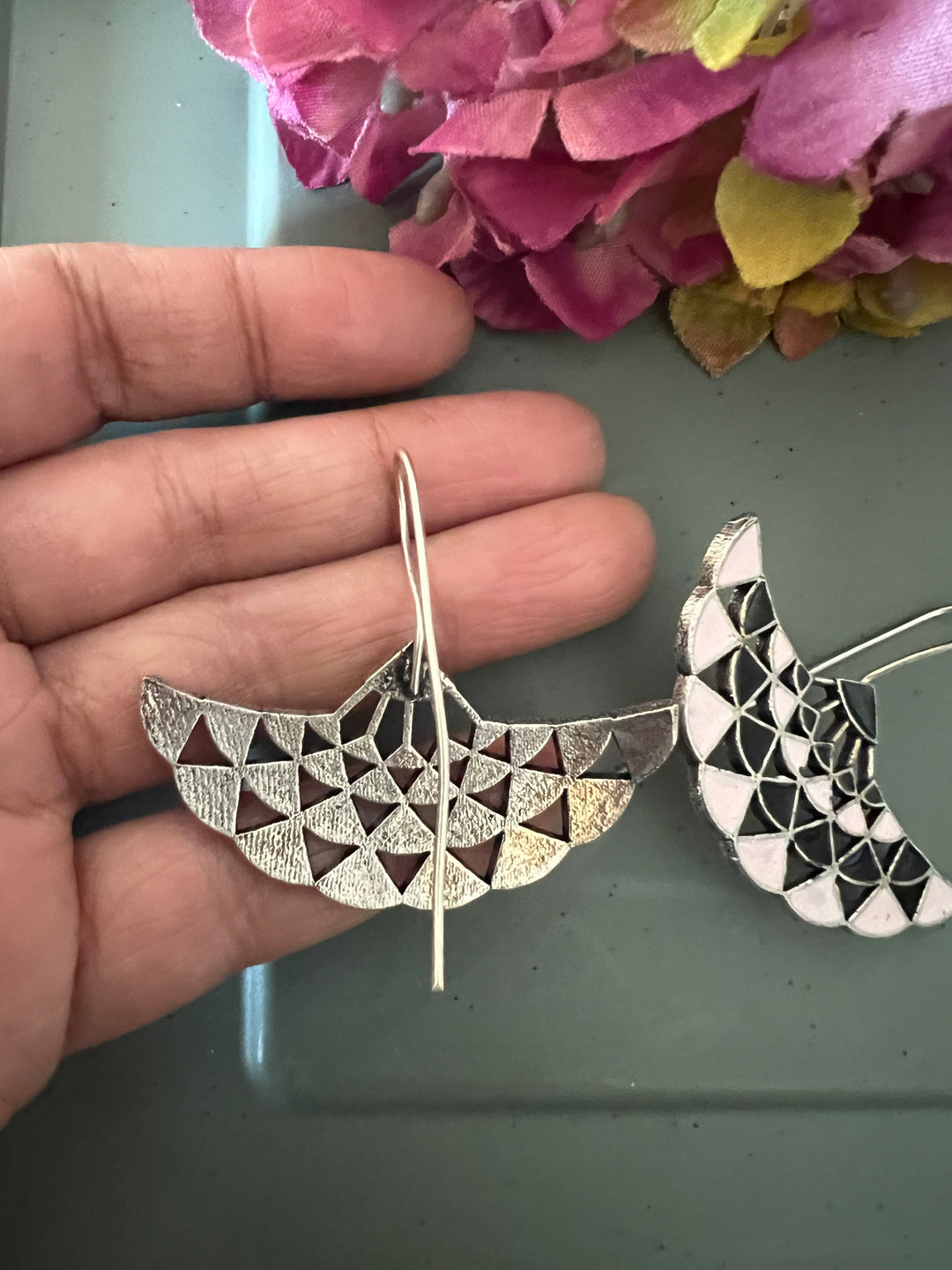 Baby Pink and Black Enamelled Brass Earrings