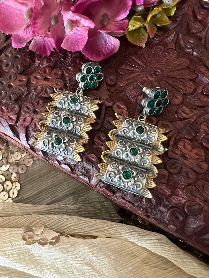 Green Vintage Dual Tone Earrings