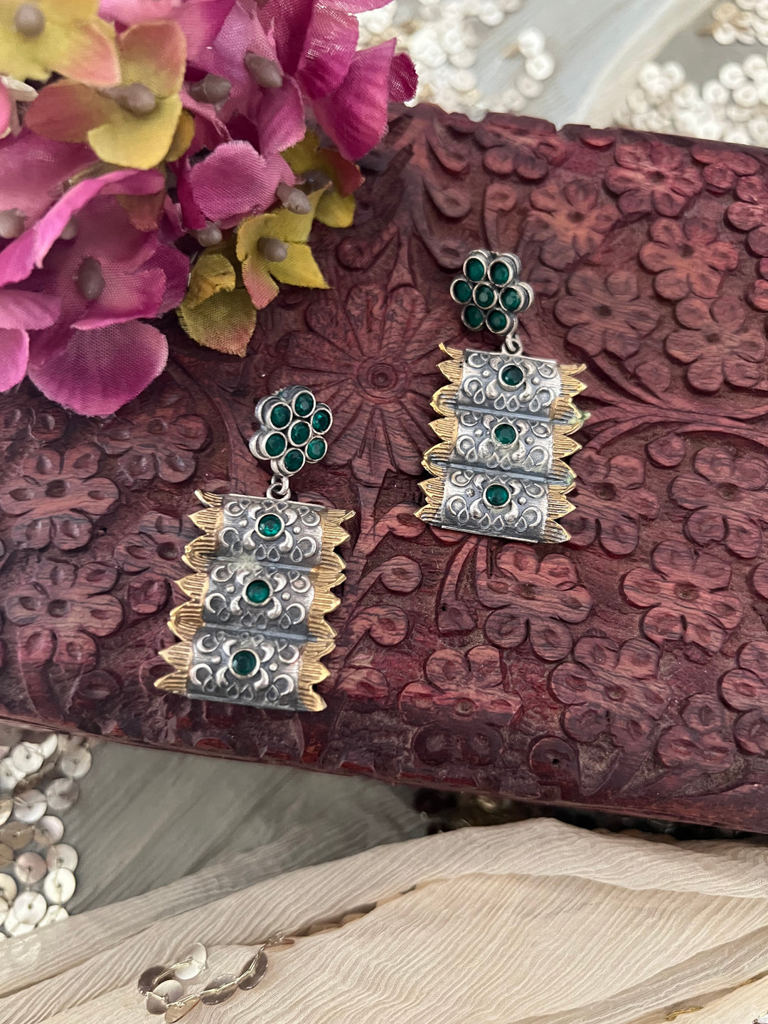 Green Vintage Dual Tone Earrings