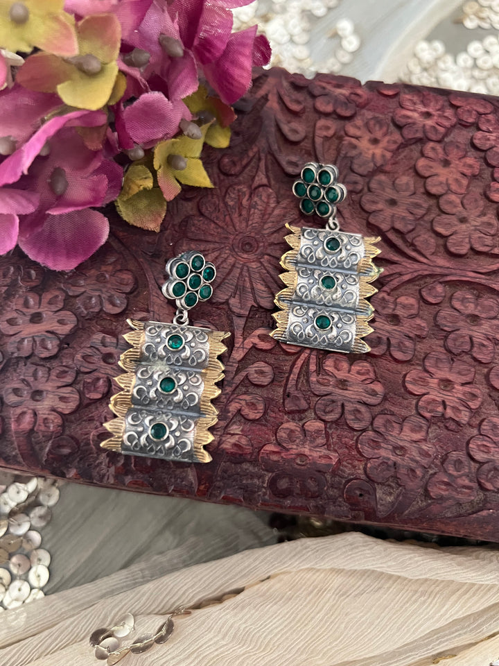 Green Vintage Dual Tone Earrings