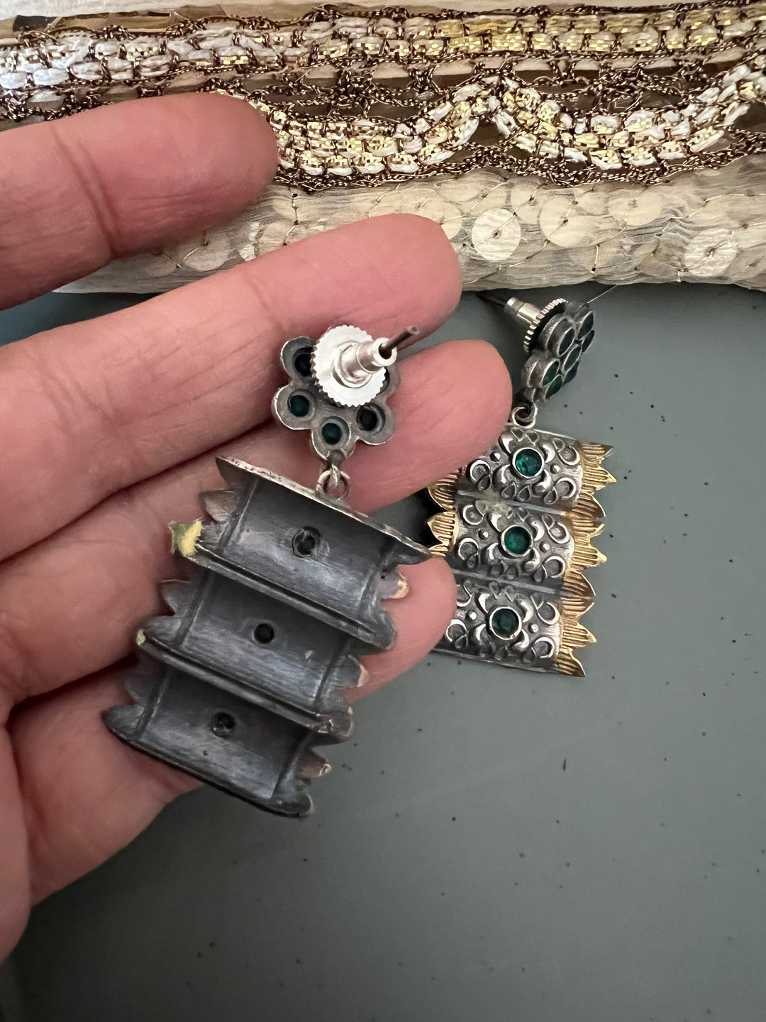 Green Vintage Dual Tone Earrings