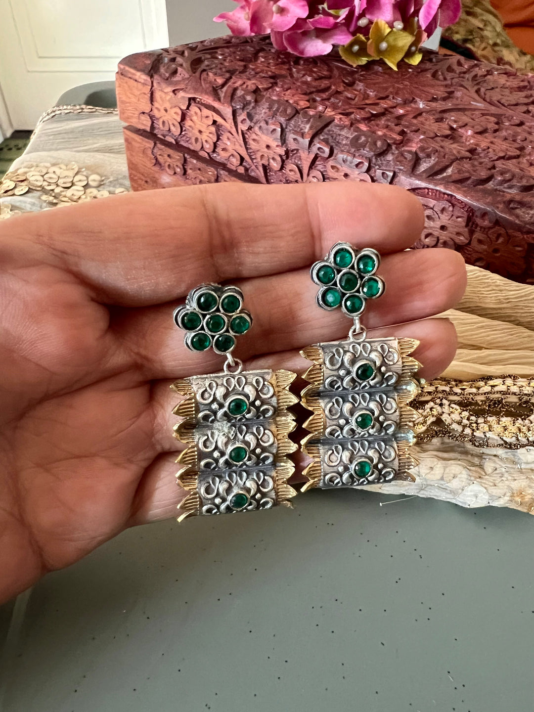 Green Vintage Dual Tone Earrings