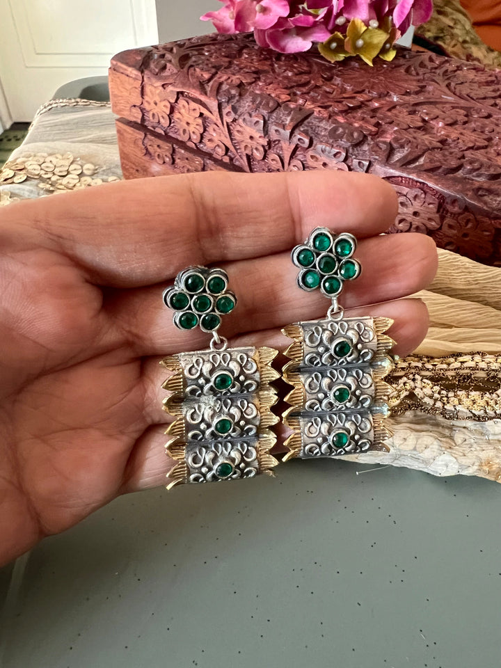 Green Vintage Dual Tone Earrings