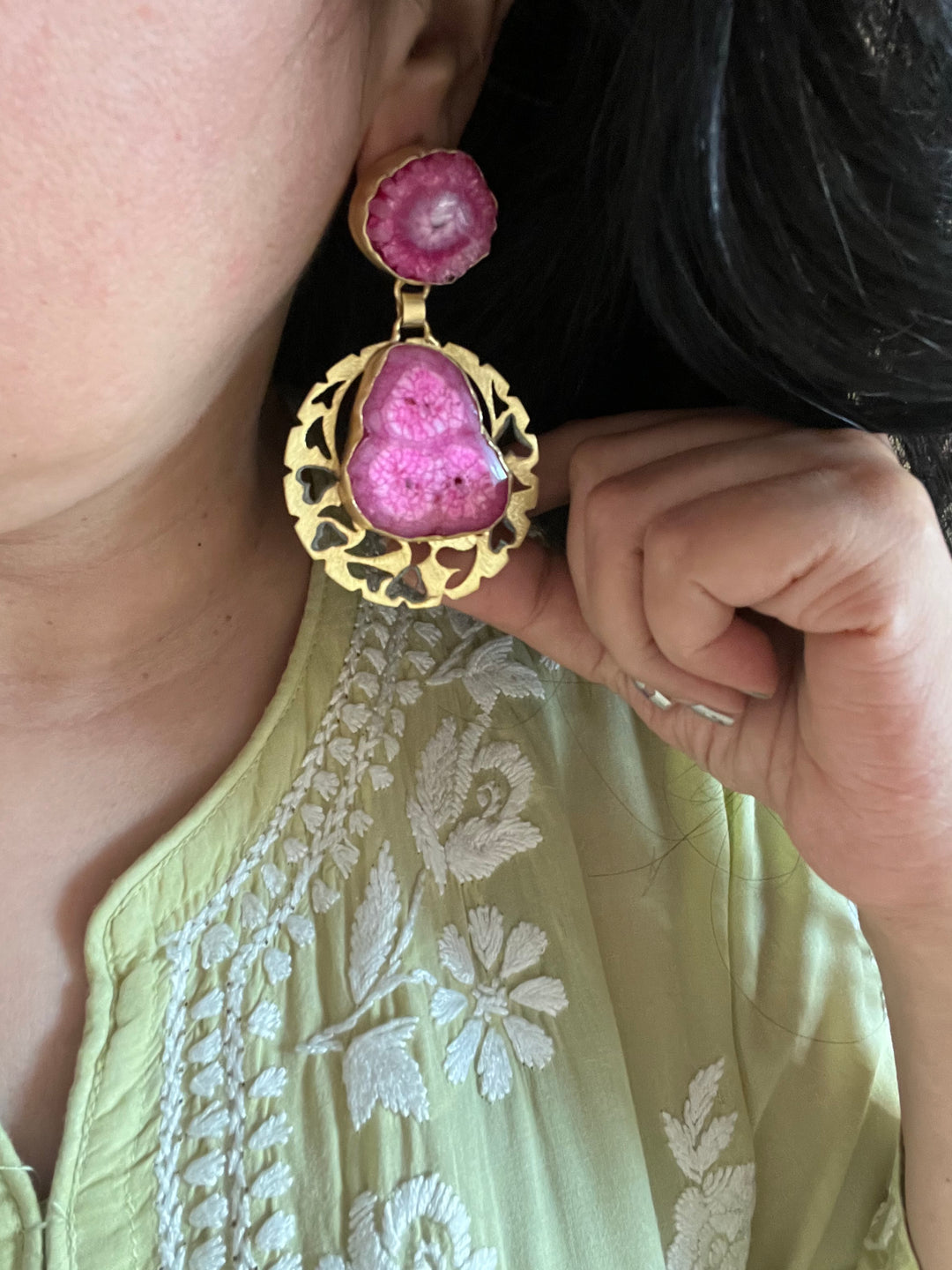 Pink Agate Gold Base Danglers