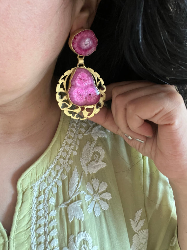 Pink Agate Gold Base Danglers
