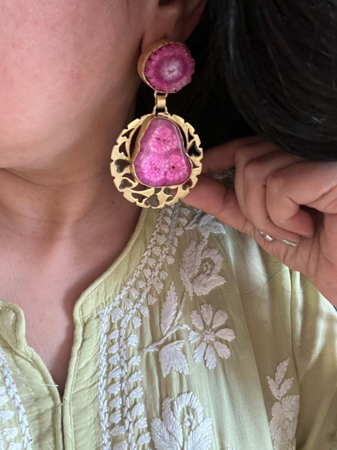 Pink Agate Gold Base Danglers